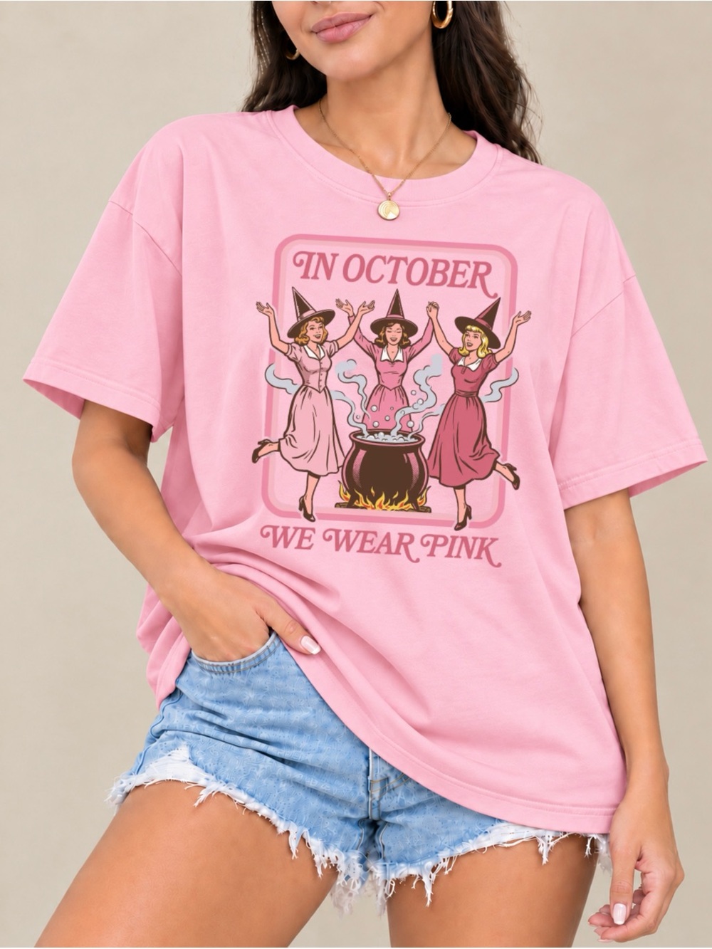 In October We Wear Pink Tee Witch Breast Cancer Awareness Unisex T-shirt